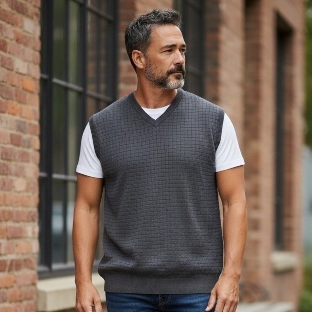 Field Gear Mens XLT Gray V-Neck Sweater Vest Textured Grid Knit Australia